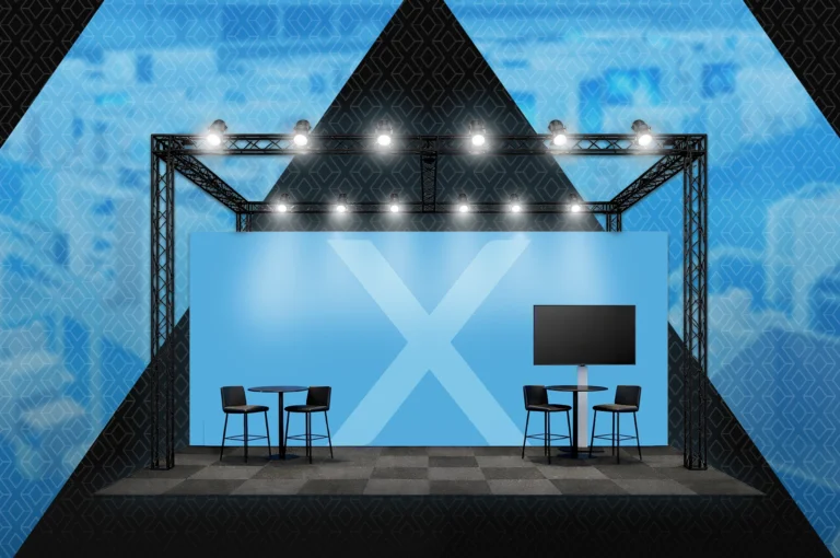 Afbeelding met blauw 3D ontwerp van een beursstand